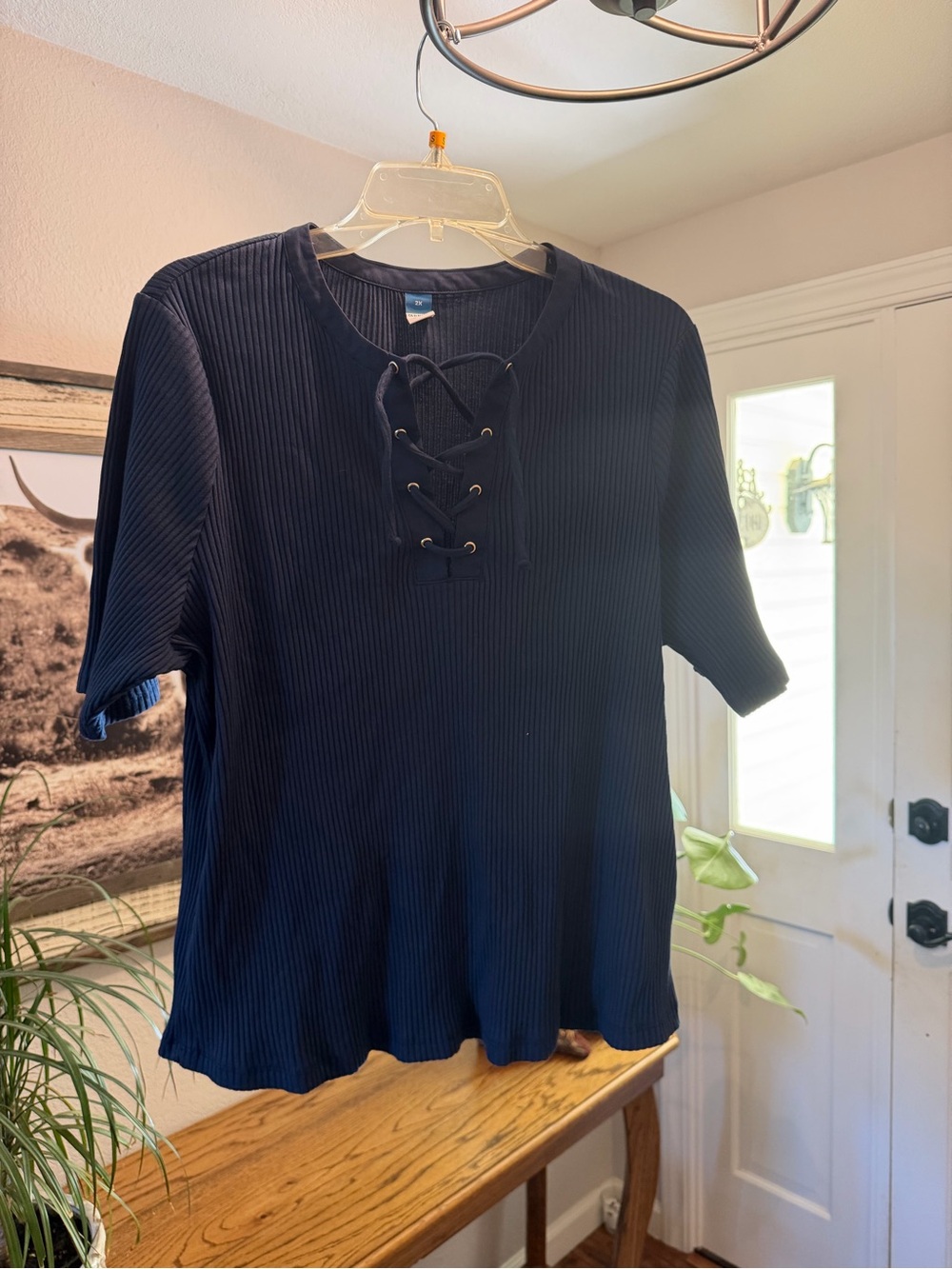 Old Navy Navy Ribbed Lace-Up Short Sleeve Top